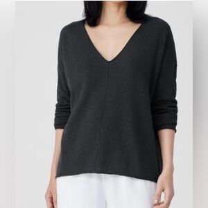 Women's V-Neck off black gray slub organic linen cotton Sweater natural fiber